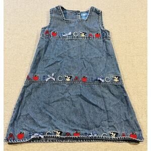 Vintage Girls OCI Denim ABC School Jumper Dress Size 4 Embroidered Apple Cow Bow